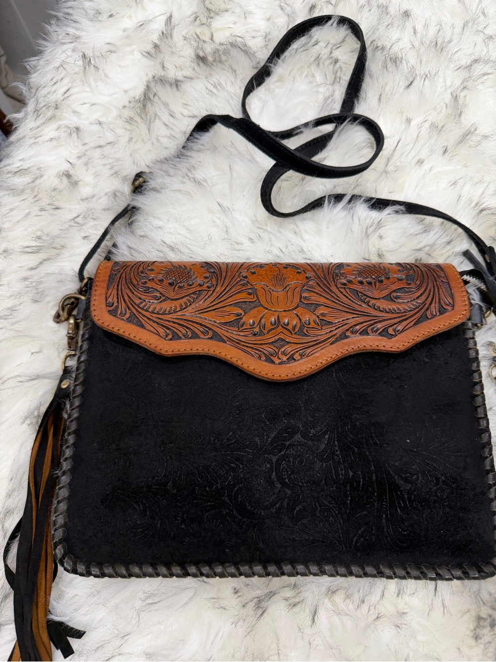 Hand-Tooled Leather Crossbody Bag in Black and Brown